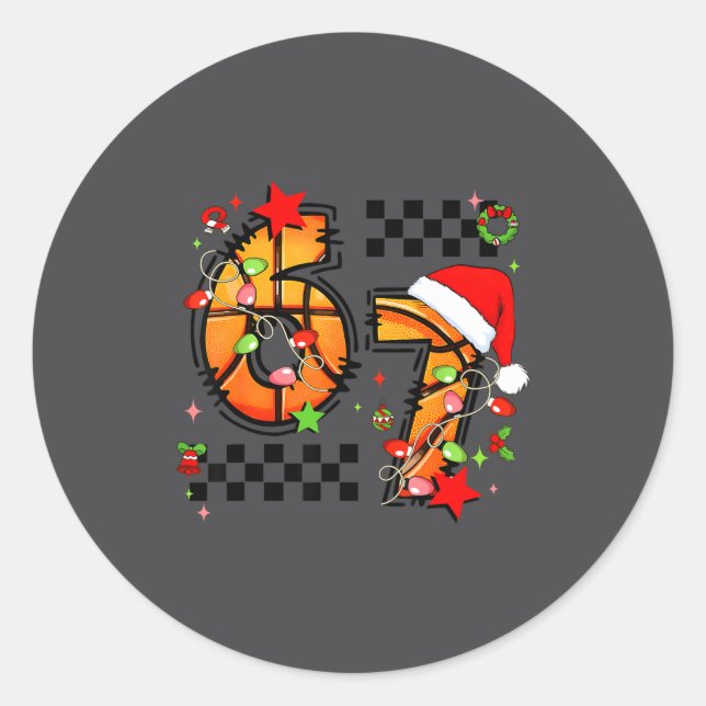 Checkered 67 Basketball Santa Hat Christmas Six Se Classic Round Sticker (Front)
