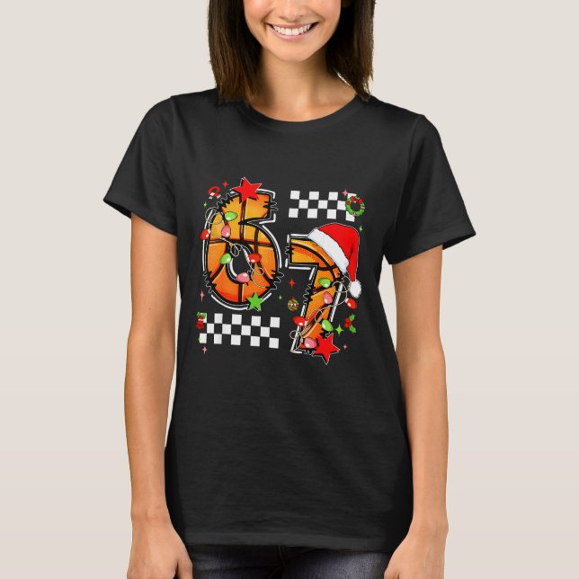 Checkered 67 Basketball Santa Hat Christmas Six Se T-Shirt (Front)