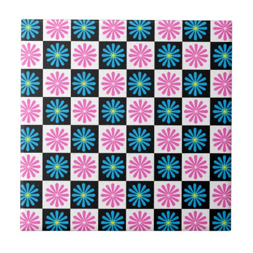 Checkered Abstract Pink and Blue Flower Ceramic Tile