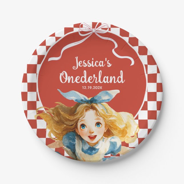 Checkered Alice in ONEDERLAND 1st Birthday Party Paper Plates (Front)