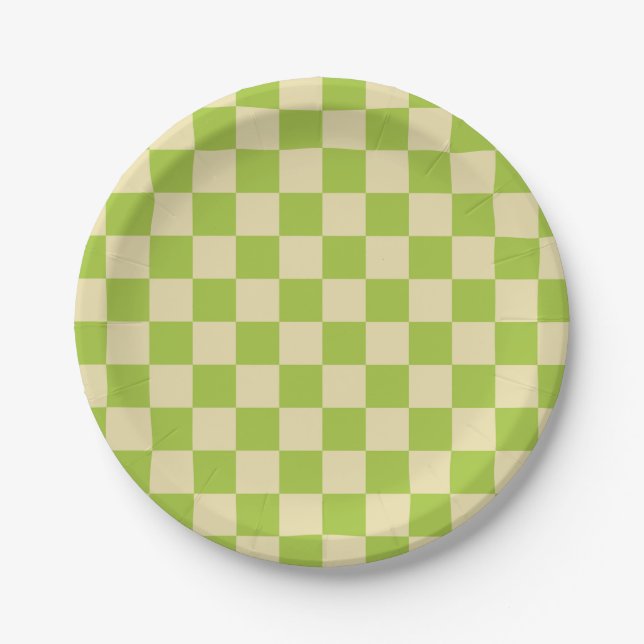 Checkered Apple Green and Beige Paper Plates (Front)