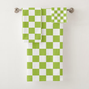 Checkered Apple Green and White Bath Towel Set