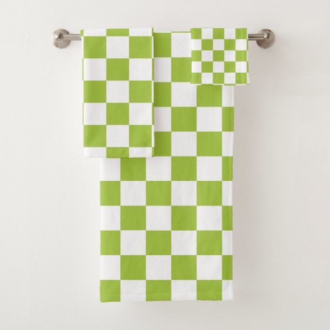 Checkered Apple Green and White Bath Towel Set (Insitu)