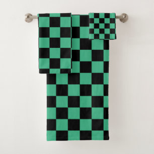 Checkered Aqua Green and Black Bath Towel Set