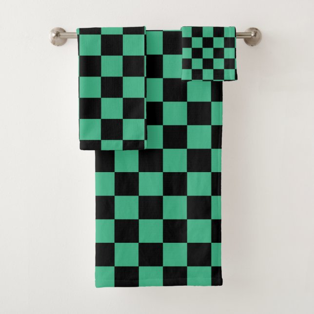 Checkered Aqua Green and Black Bath Towel Set (Insitu)