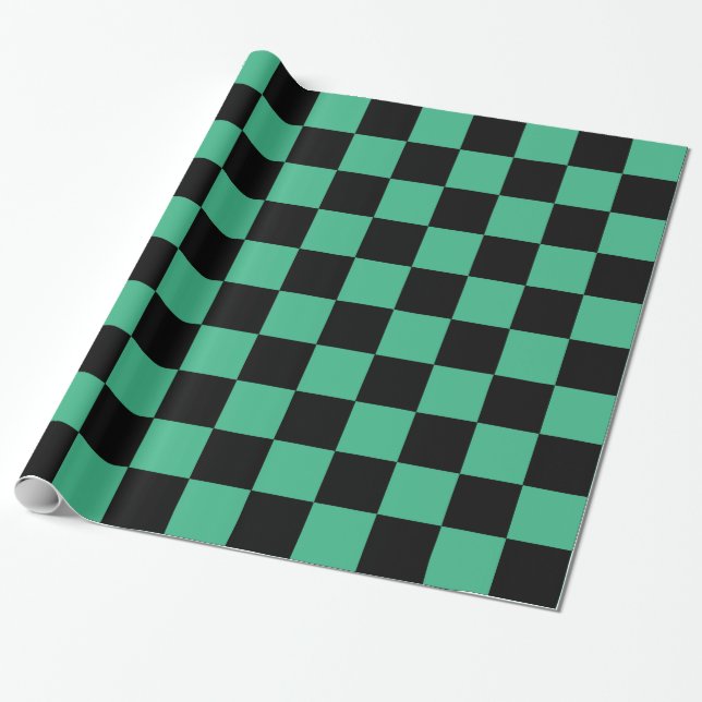 Checkered Aqua Green and Black Wrapping Paper (Unrolled)