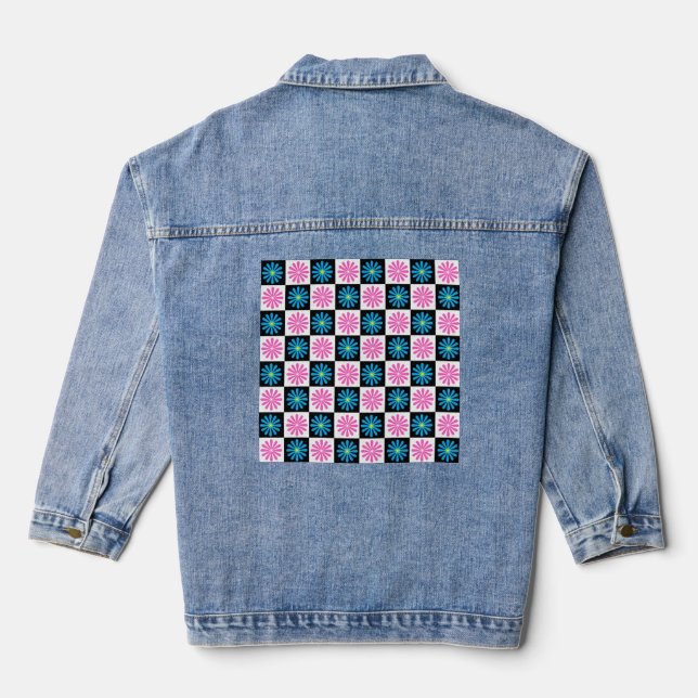 Checkered Aster Pink Blue Floral Abstract  Denim Jacket (Back)
