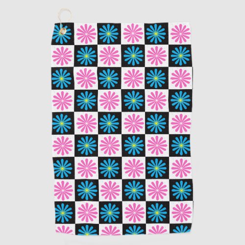 Checkered Aster Pink Blue Floral Abstract  Golf Towel