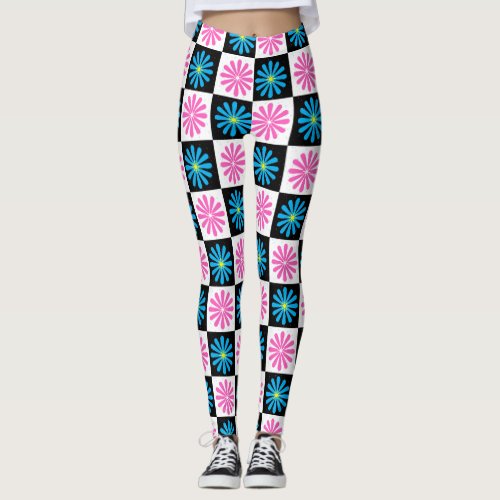 Checkered Aster Pink Blue Floral Abstract  Leggings