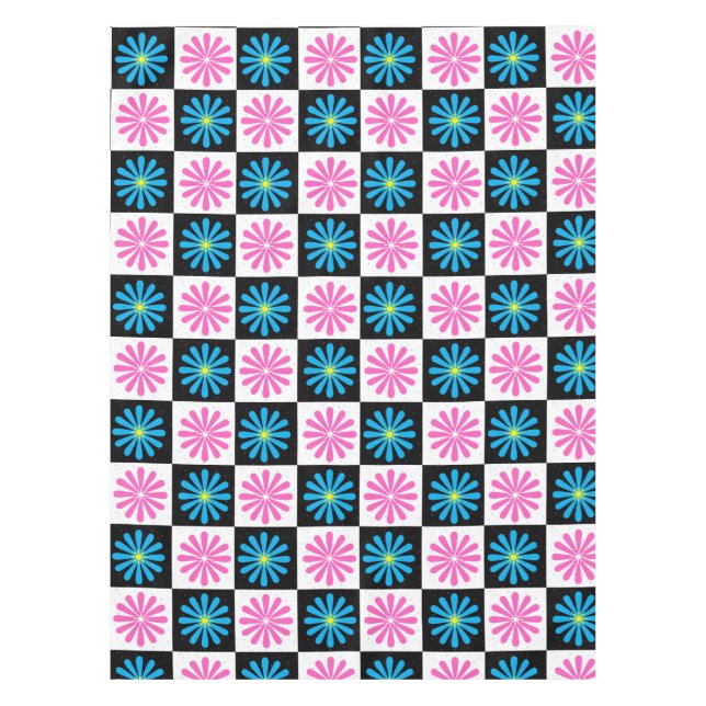 Checkered Aster Pink Blue Floral Abstract  Tablecloth (Front)