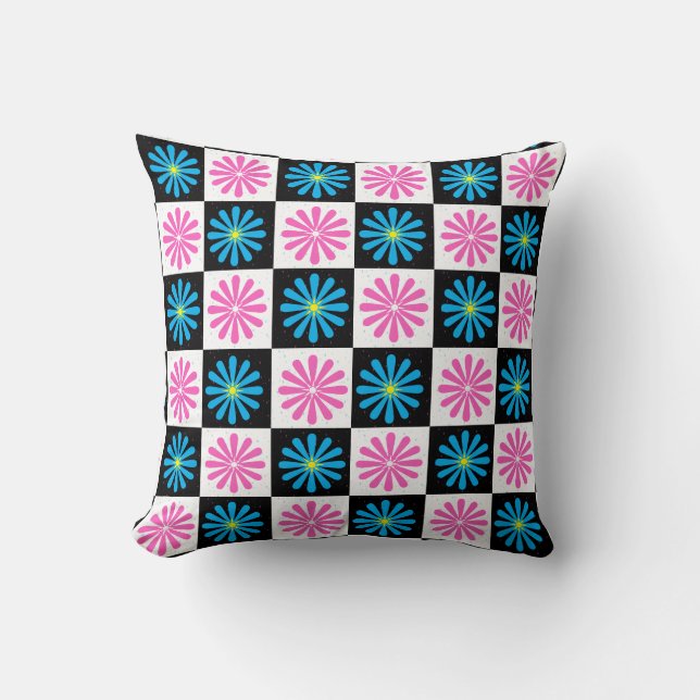 Checkered Aster Pink Blue Floral Abstract  Throw Pillow (Front)