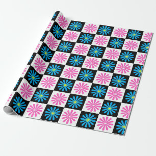 Checkered Aster Pink Blue Floral Abstract  Wrapping Paper