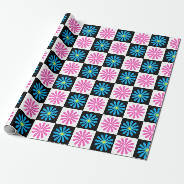 Checkered Aster Pink Blue Floral Abstract  Wrapping Paper (Unrolled)