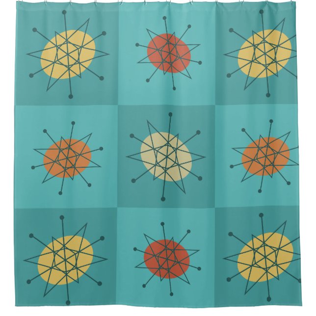 Checkered Atomic Age Turquoise Shower Curtain (Front)