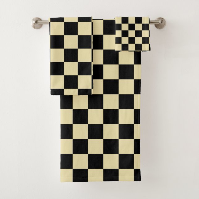 Checkered Beige and Black Bath Towel Set (Insitu)