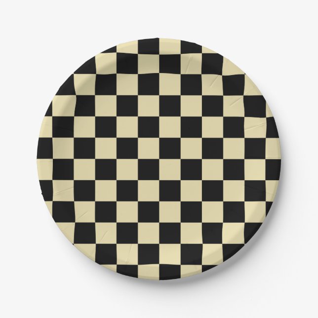 Checkered Beige and Black Paper Plates (Front)