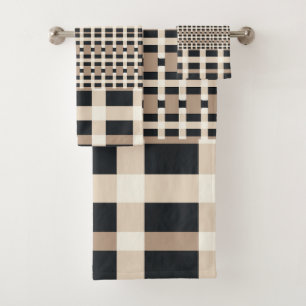 Checkered Beige Brown Bath Towel Set
