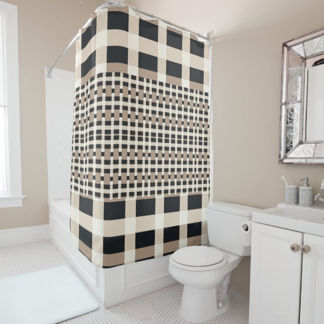 Checkered Beige Brown Shower Curtain (In Situ)