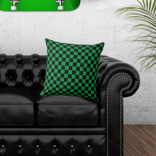 Checkered Black and Green Throw Pillow