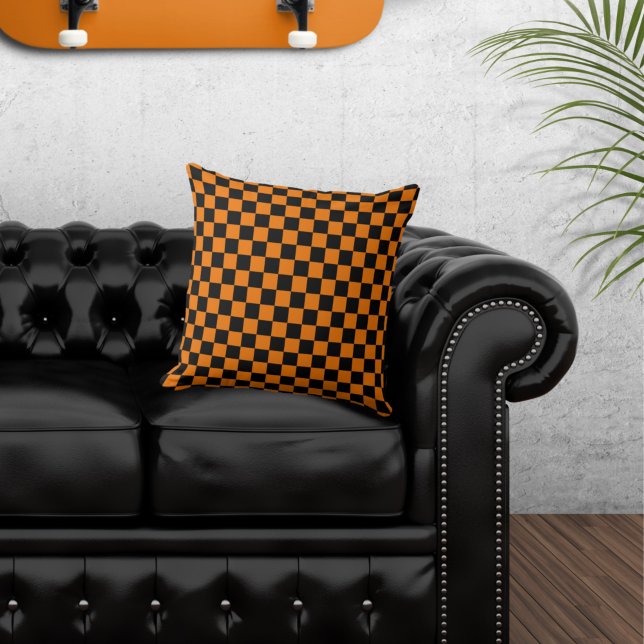 Checkered Black and Orange Throw Pillow (Creator Uploaded)