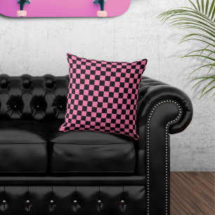 Checkered Black and Pink Throw Pillow