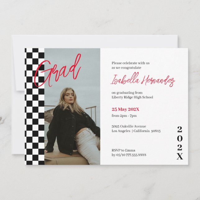 Checkered black and red graduation Invitation (Front)