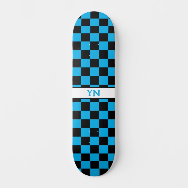 Checkered Black and Sky Blue Custom Initials  Skateboard (Front)