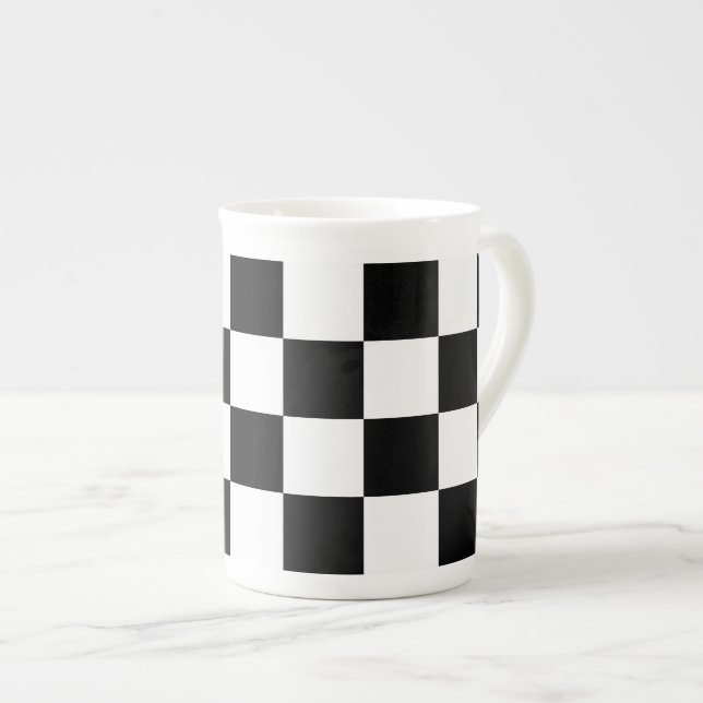 Checkered Black and White Bone China Mug (Front Right)