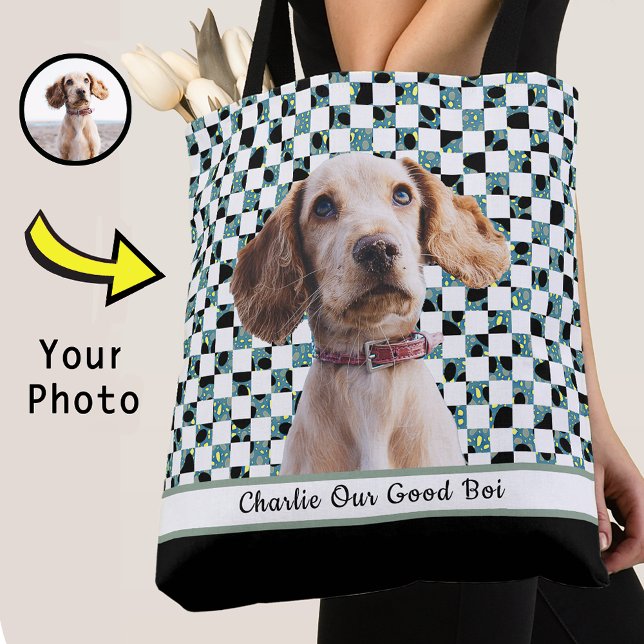 Checkered Black and White Dog Photo to Mom Grandma Tote Bag (Creator Uploaded)
