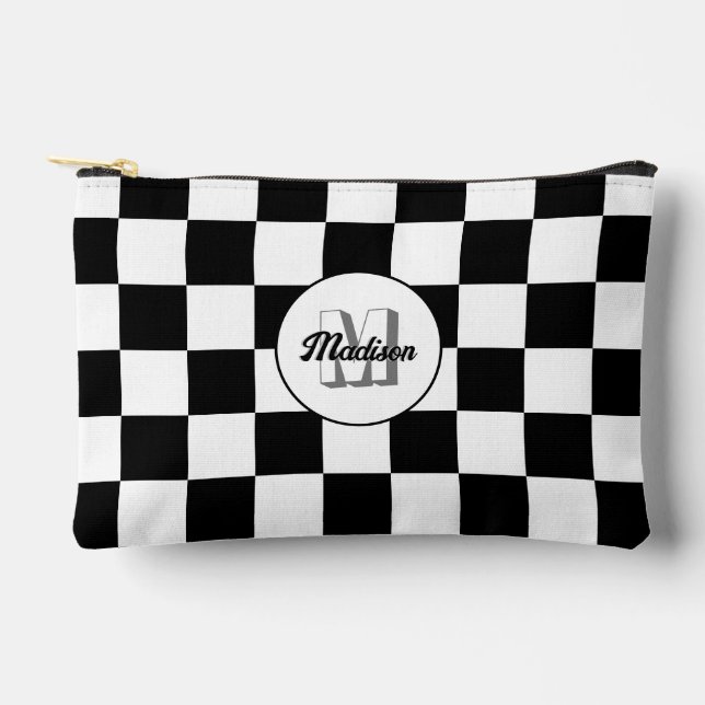 Checkered Black and White geometric retro Monogram Accessory Pouch (Front)