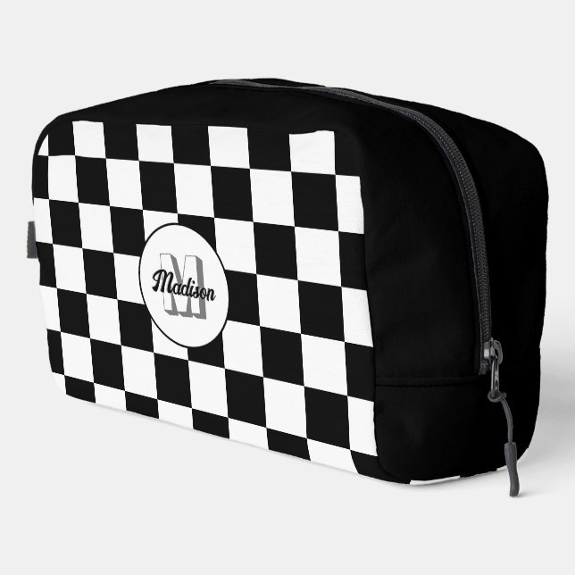 Checkered Black and White geometric retro Monogram Dopp Kit (Right Corner)
