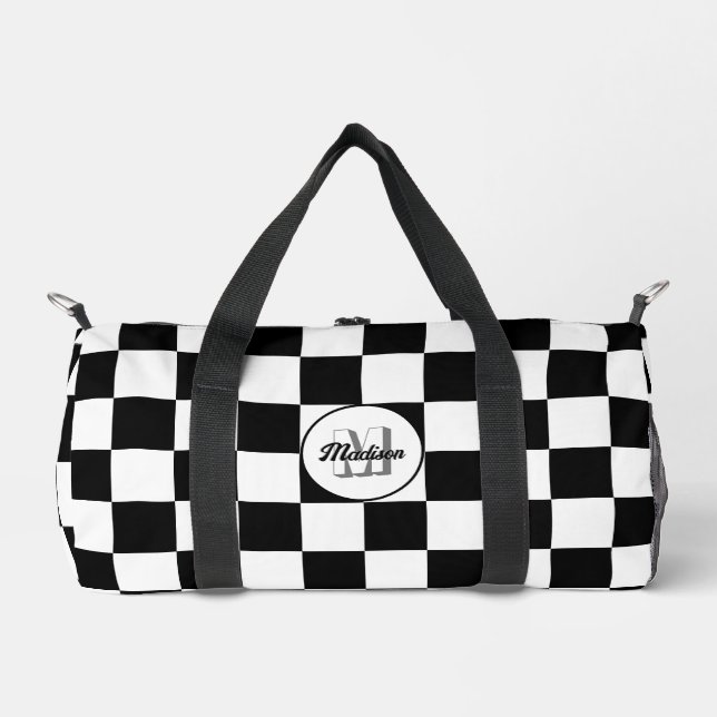 Checkered Black and White geometric retro Monogram Duffle Bag (Front)