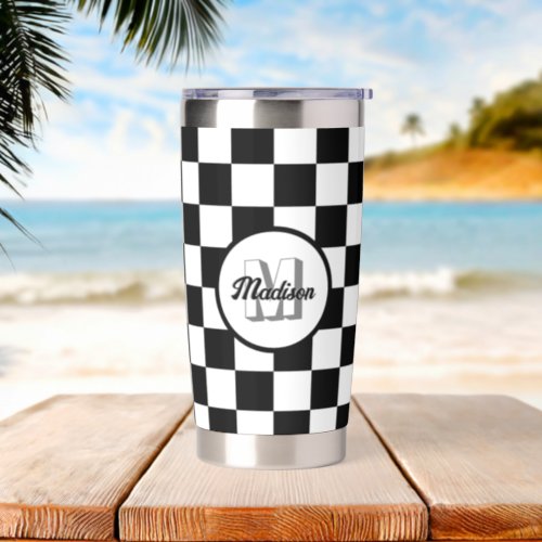 Checkered Black and White geometric retro Monogram Insulated Tumbler