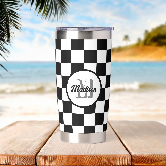 Checkered Black and White geometric retro Monogram Insulated Tumbler (Beach)