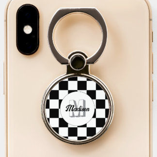Checkered Black and White geometric retro Monogram Phone Ring Stand