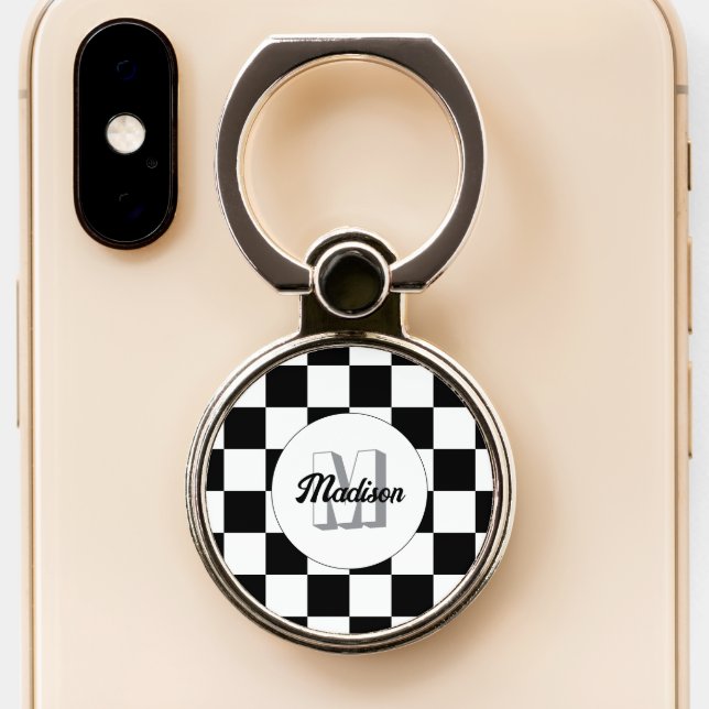 Checkered Black and White geometric retro Monogram Phone Ring Stand (Close Up)