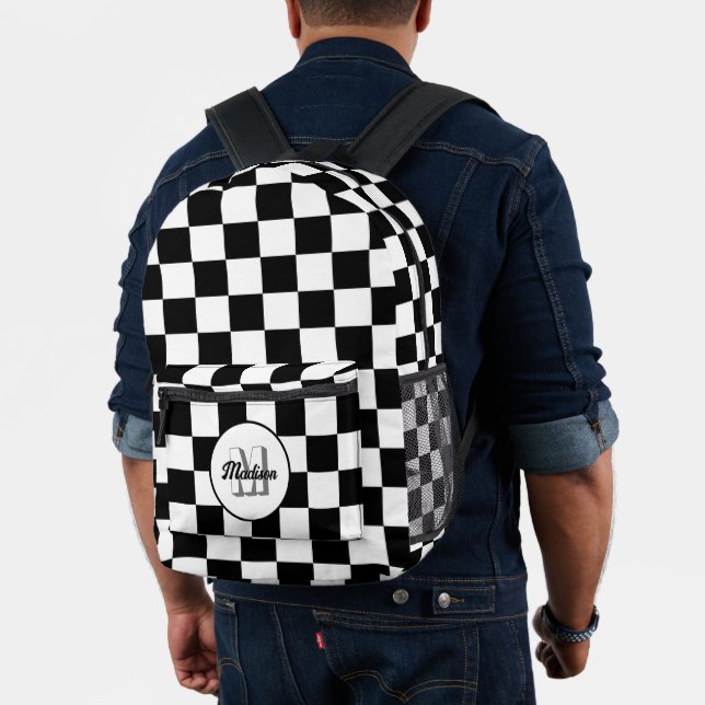 Checkered Black and White geometric retro Monogram Printed Backpack (Insitu (Model))