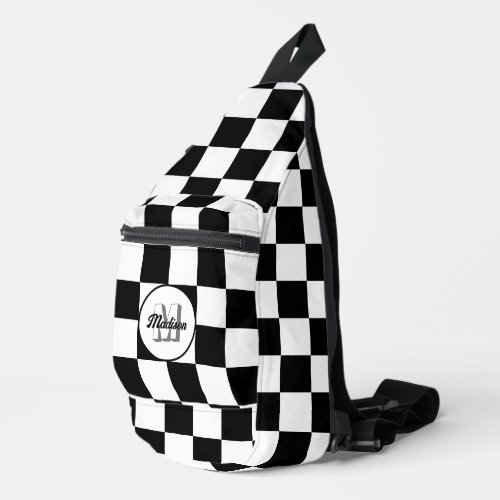 Checkered Black and White geometric retro Monogram Sling Bag