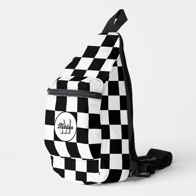 Checkered Black and White geometric retro Monogram Sling Bag (Right Corner)