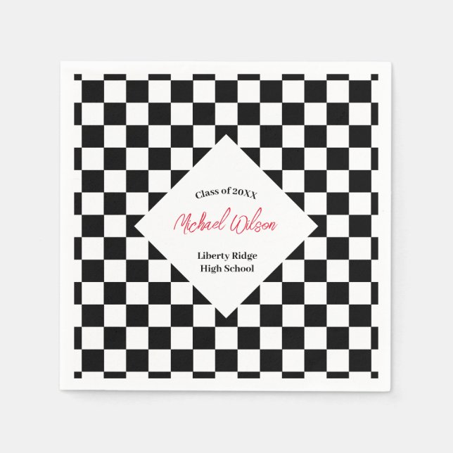 Checkered black and white graduation party napkins (Front)