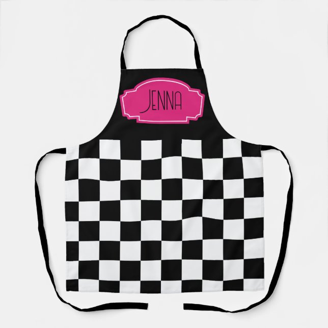 Checkered black and white hot pink label apron (Front)
