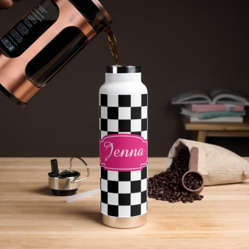 Checkered black and white hot pink label water bottle