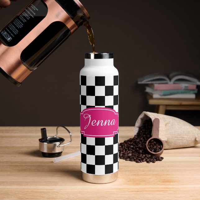 Checkered black and white hot pink label water bottle (Coffee)