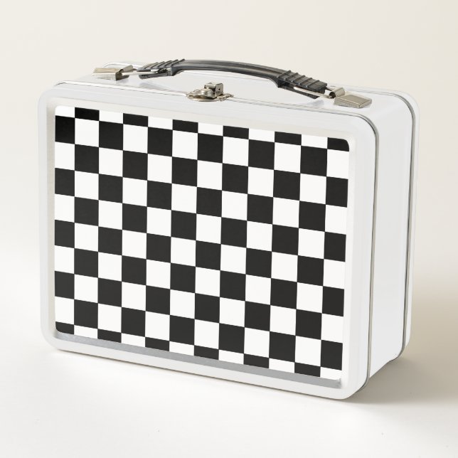 Checkered Black and White Metal Lunch Box (Front)