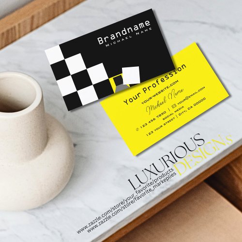 Checkered Black and White Modern Yellow Very Cool Business Card