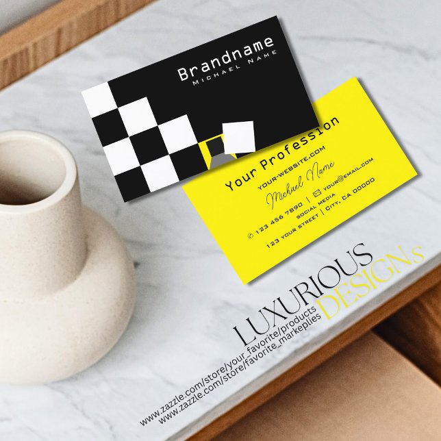 Checkered Black and White Modern Yellow Very Cool Business Card (Creator Uploaded)
