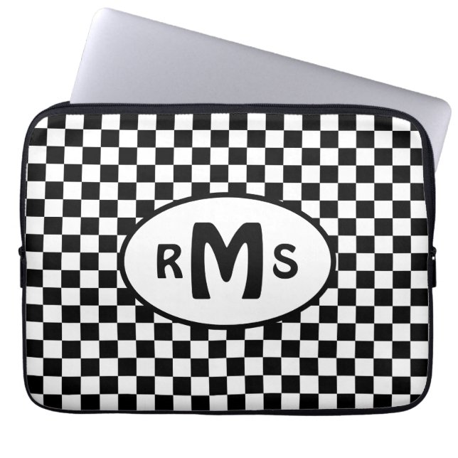 Checkered Black and White Monogram Laptop Sleeve (Front)