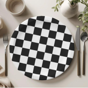 Checkered Black and White Pattern Birthday Party Paper Plates