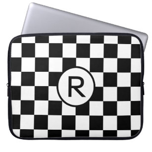 Checkered Black and White Pattern with Monogram Laptop Sleeve