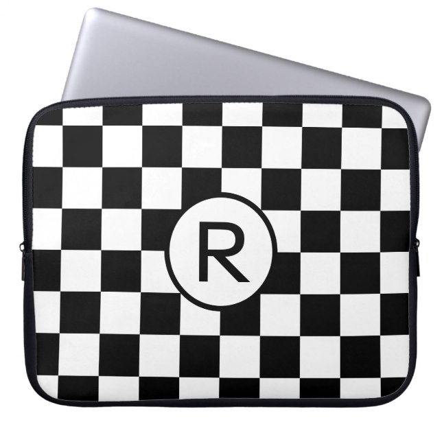 Checkered Black and White Pattern with Monogram Laptop Sleeve (Front)